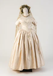 Vestido de novia de seda blanca tejida, con velo de encaje bordado, 1840s